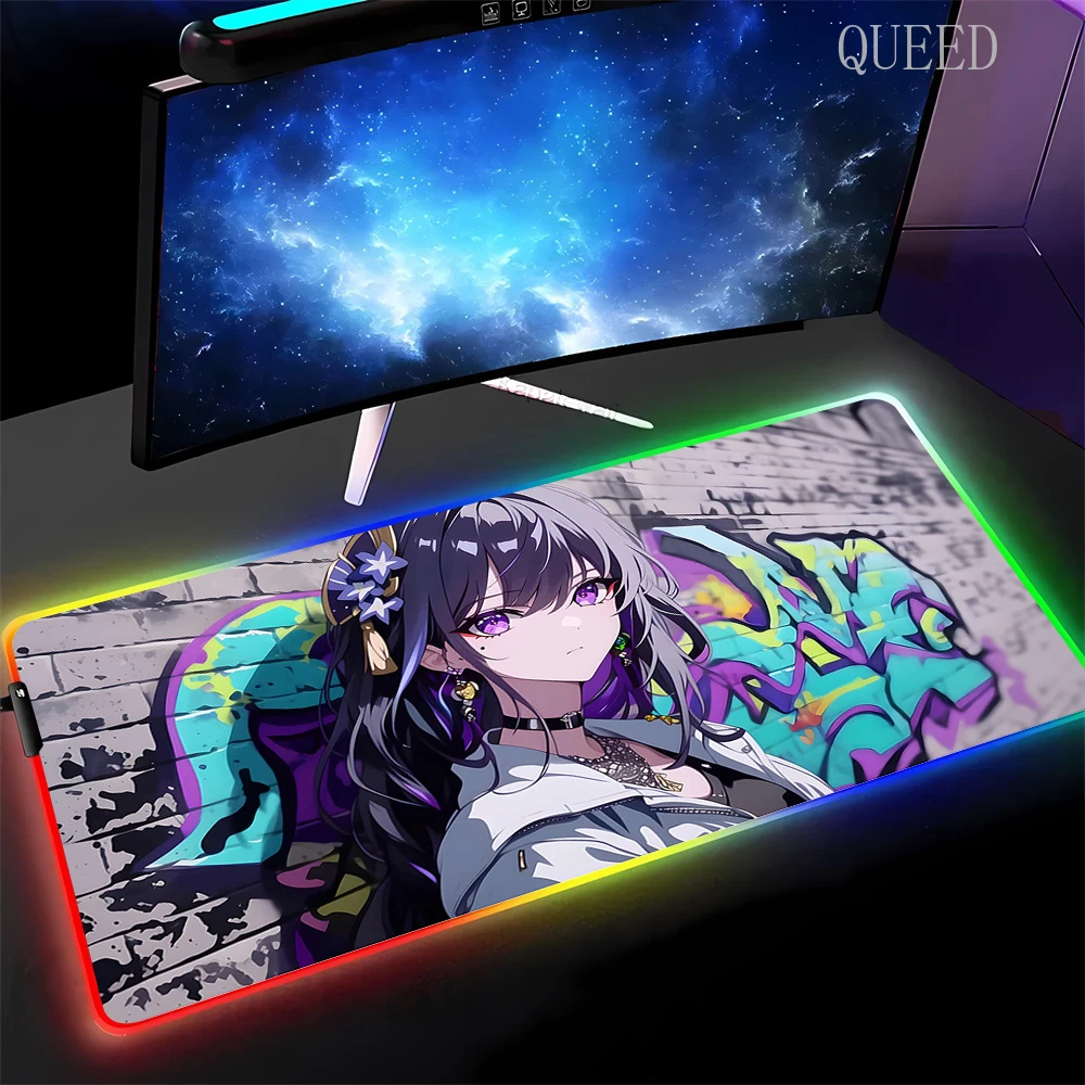 Genshin Impact Anime Girls Graffiti Big Mouse Pad Rgb Xxl Laptop Mat Gaming Mousepad Backlit Keyboard Gamer Girl Table Pads Desk