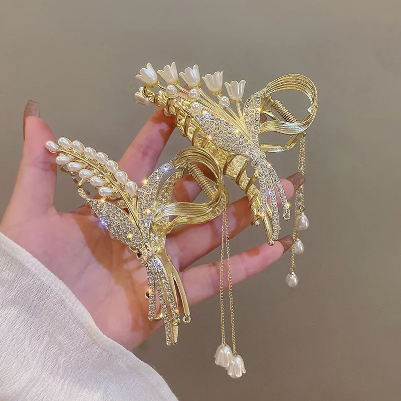 Rhinestone Pearl Tassel Hair Claw For Women Girls Elegant Ponytail Hair Clip Fashion Hair Accessories Exquisite Shark Clip Gifts