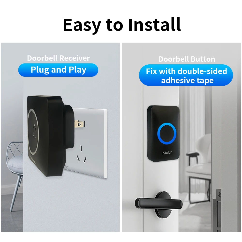 Meian Smart Home Campanello di sicurezza wireless Campanello per porta esterno impermeabile IP65 60 brani Kit carillon regolabile con 5 volumi