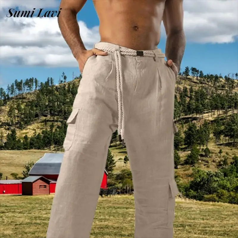 

Осень 2024, новые повседневные мужские льняные брюки, винтажные свободные прямые брюки-карго на шнурке, мужские весенние модные однотонные брюки