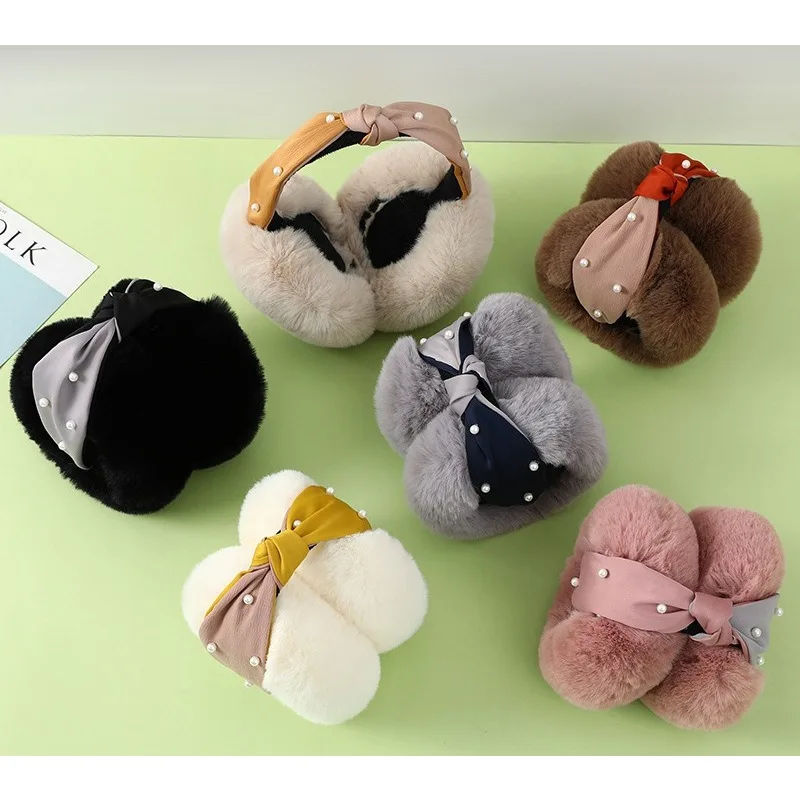 Anjj New Inlay Peral Earmuffs Fashion Elegant Soft Imitation Rabbit Fur Ear Muffs Winter Warm Ear Protect Clothing Accessories