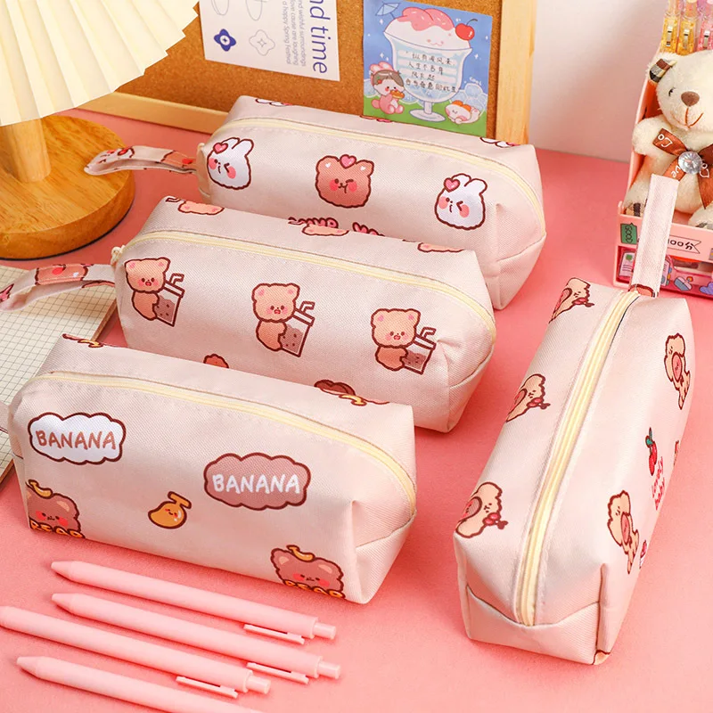 Cartoon Little Bear Canvas Pencil Case Large Capacity Pencil Case Desktop Stationery Organizing Storage Bag