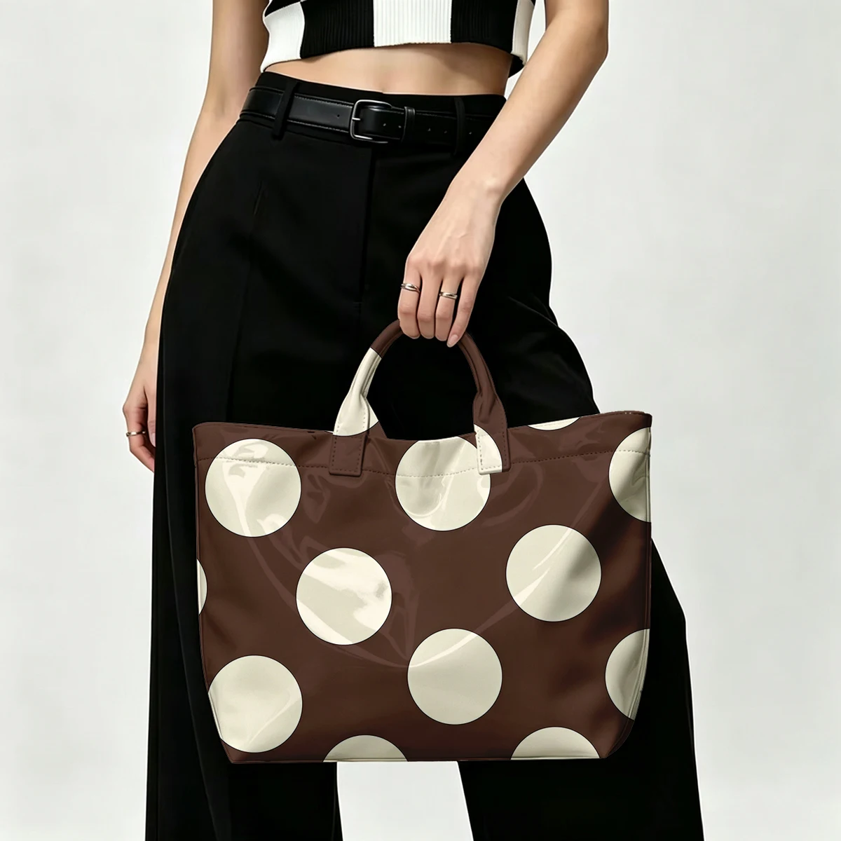 Brown & Cream Polka Dots Fashion Bag Transparent PVC Waterproof Handbag Large Capacity Daily Commute Shoulder Tote Mummy Bag