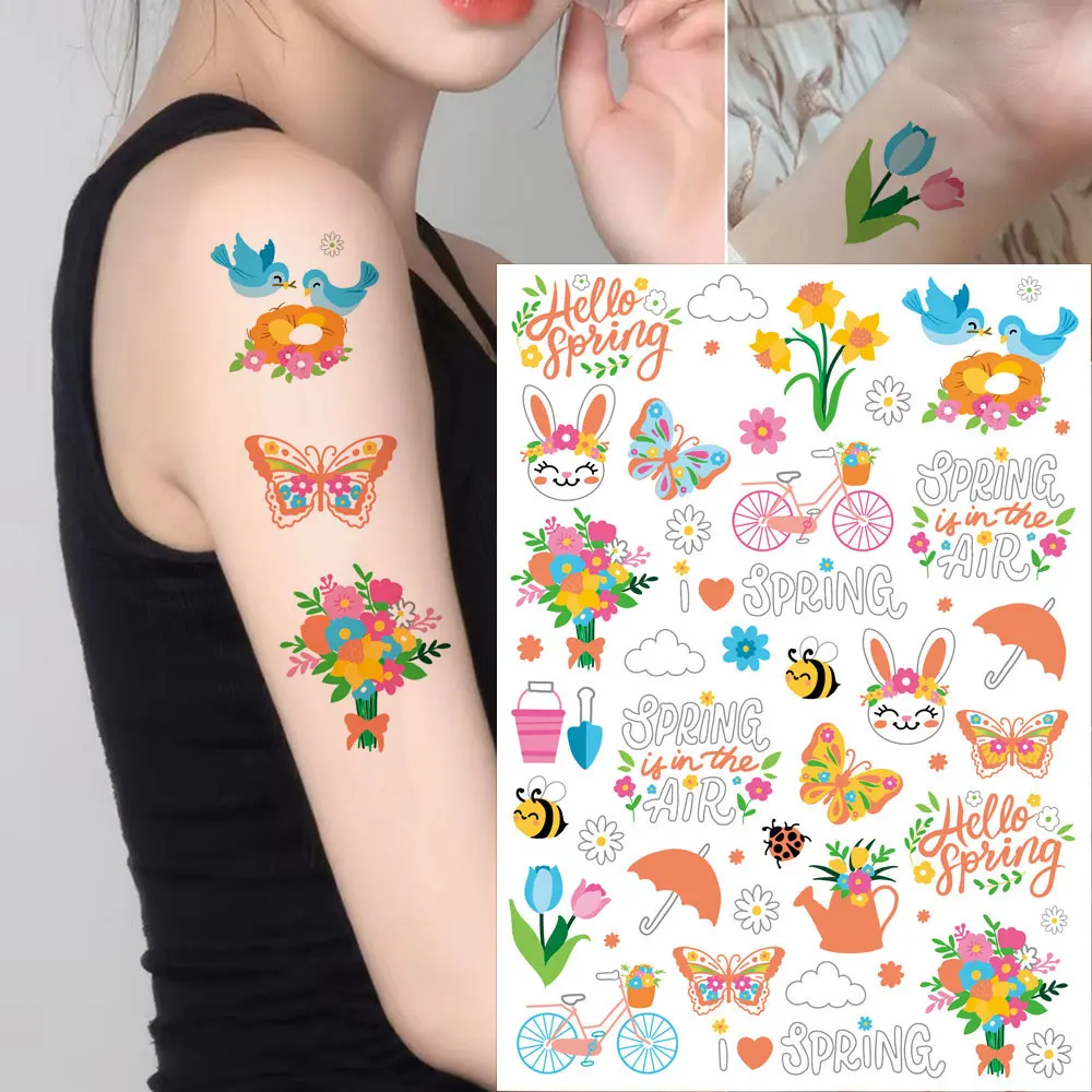 1 Sheet Flower Temporary Tattoo Stickers Animal Flower Butterfly Spring Style Suitable For Hand Body Disposable Fake Tattoo