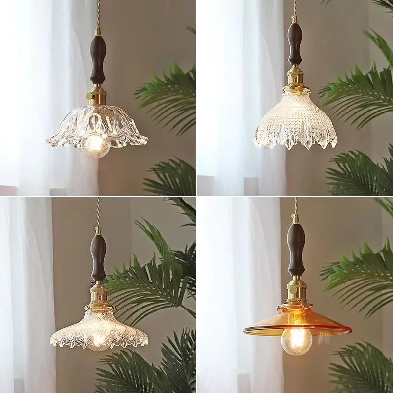 Nordic Wooden Glass Pendant Lights Vintage Chandeliers Bedroom Living Room Dining Room Copper Lamp Japanese Hanglamp Luminaria