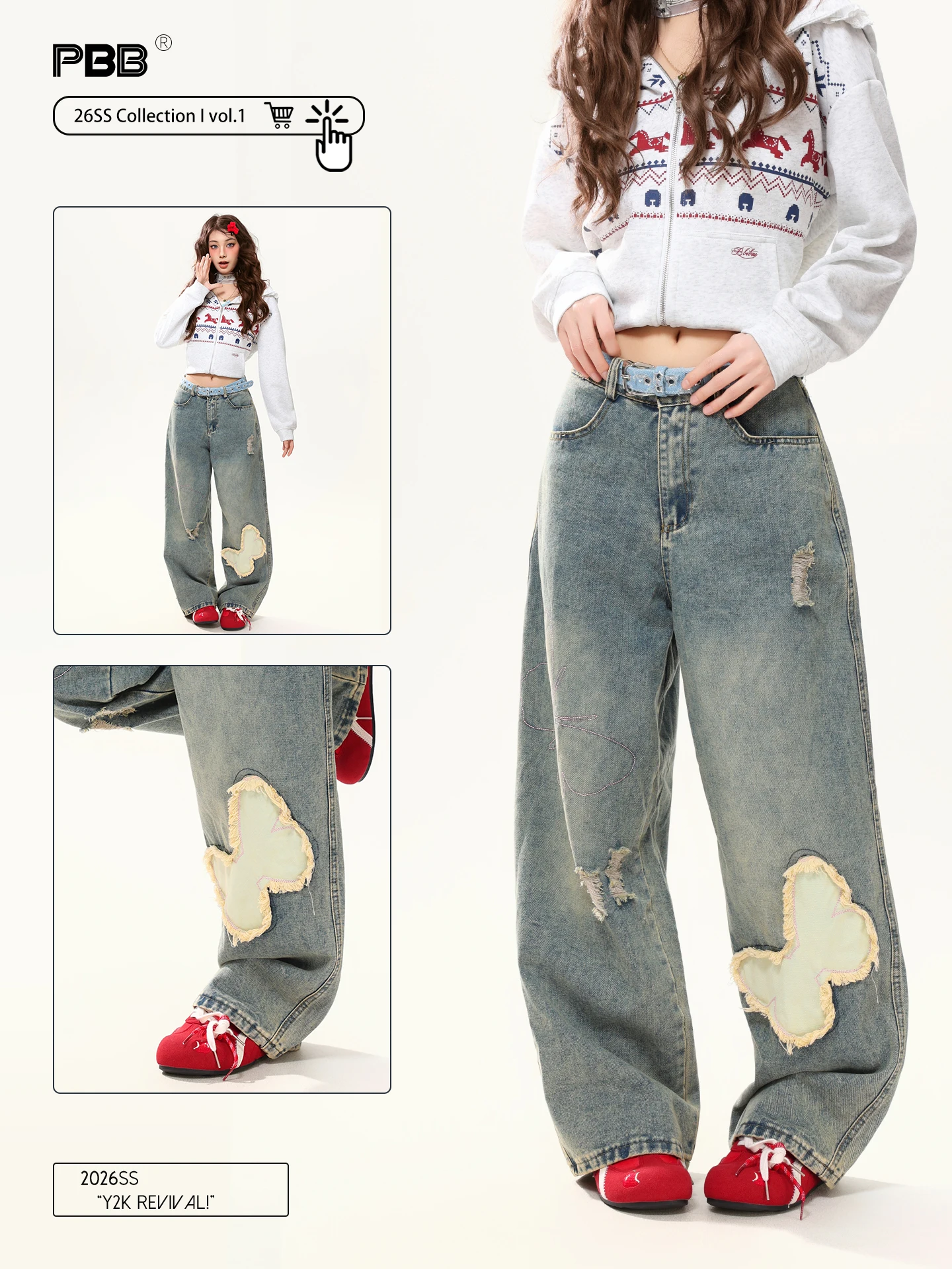 

Джинсы PBB в американском ретро-стиле с вышивкой, широкие, с дырками, повседневные, свободные, с высокой талией, уличный стиль