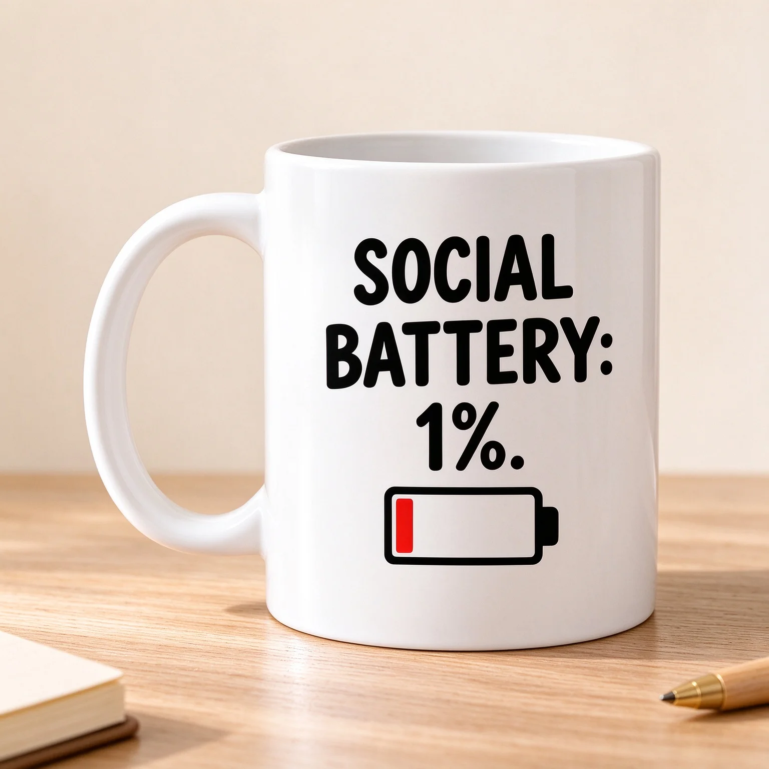 Funny Social Battery 1% Print Ceramic Mug, Introvert Humor Coffee Cup, Novelty Gift for Colleague Introverts