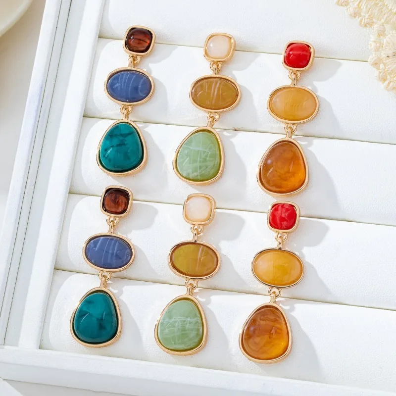 Vintage Multicolor Irregular Natural Stone Dangle Earrings Women Gold Frame Gradient Color Long Drop Earrings Boho Jewelry