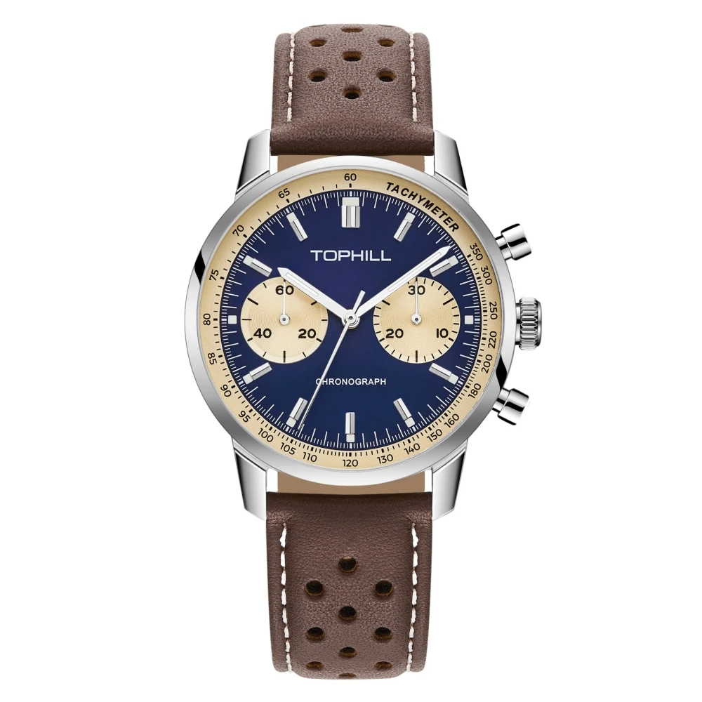 TOPHILL Vintage Racing Chronograph Herren-Mechanikuhr ST1901 Seagull Movt. Pilot Military Lederarmband Saphir 5ATM TL027G