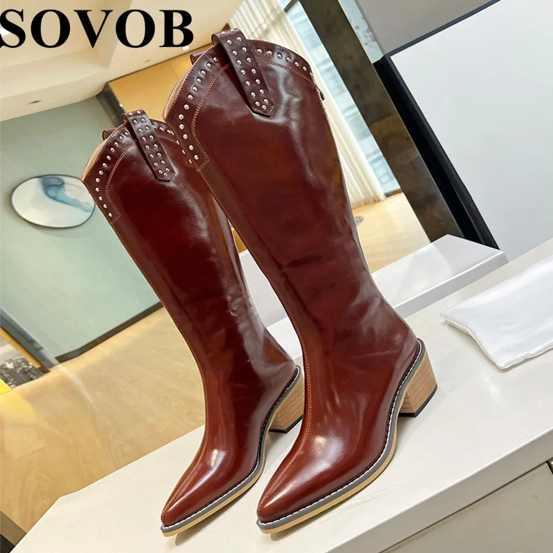 

Spring Autumn Genuine Leather Rivet Decor Knee High Boots Women Pointed Toe Chunky High Heel British Style Knight Long Boots