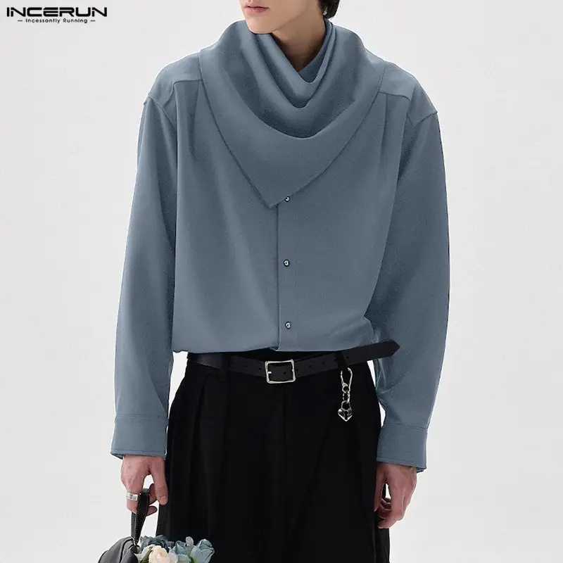 INCERUN الرجال قميص الصلبة وشاح طويل الأكمام ملابس الرجال غير رسمية فضفاضة ربيع الخريف الشارع الشهير بلوزات على الموضة الذكور القمصان S-5XL #1