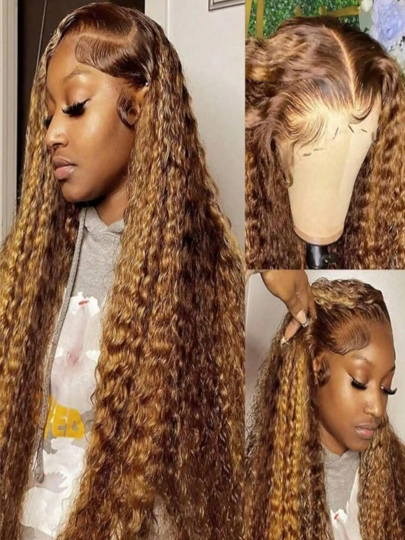 Highlight Blonde Colored Deep Wave Lace Front Wigs Human Hair 13x6 HD Transparent Lace Frontal Wigs Pre Plucked With Baby Hair Brazilian Virgin 250 Density Thick Deep Curly Human Hair Wig For Women Natural Hairline For Halloween Use