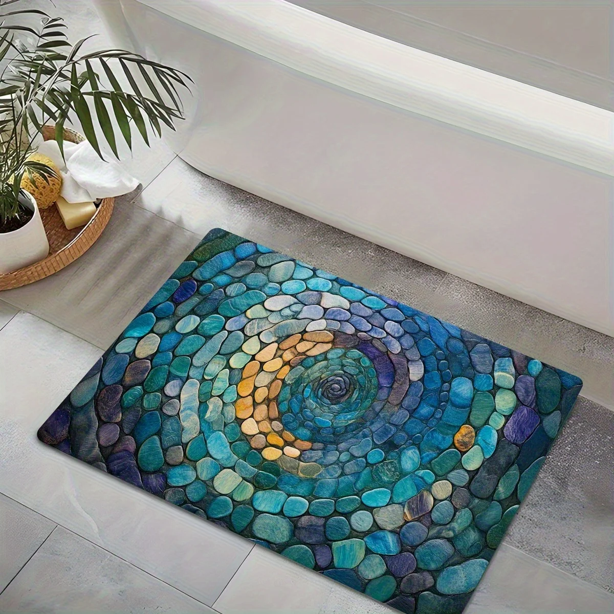 Abstract Blue Spiral Mosaic Rug – Non-slip Mat for Entryway Kitchen Living Room Patio Café, Great Gift