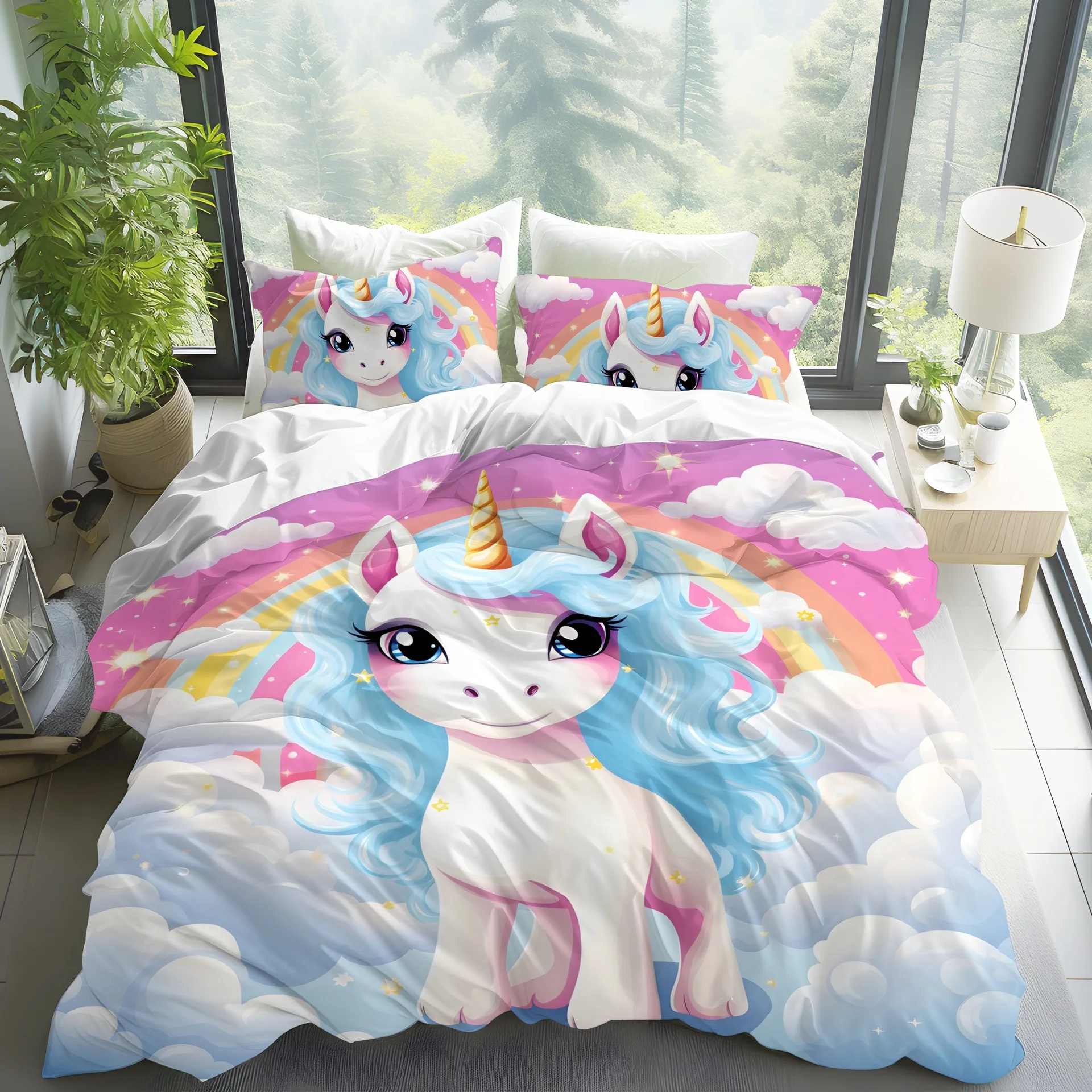 

Dreamy Unicorn Duvet Cover Set Queen Size,3 Pcs Rainbow Starry Sky Bedding Sets Pink Blue Unicorn Comforter Cover Set For Kids