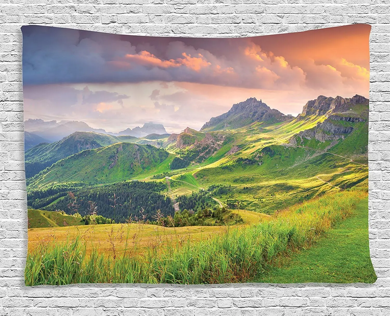 Mountain Tapestry, Summer Landscape of Italian Alps at Sunset Tranquil Calm Meadow Idyllic Spot, Wide Wall Hanging for Bedroom