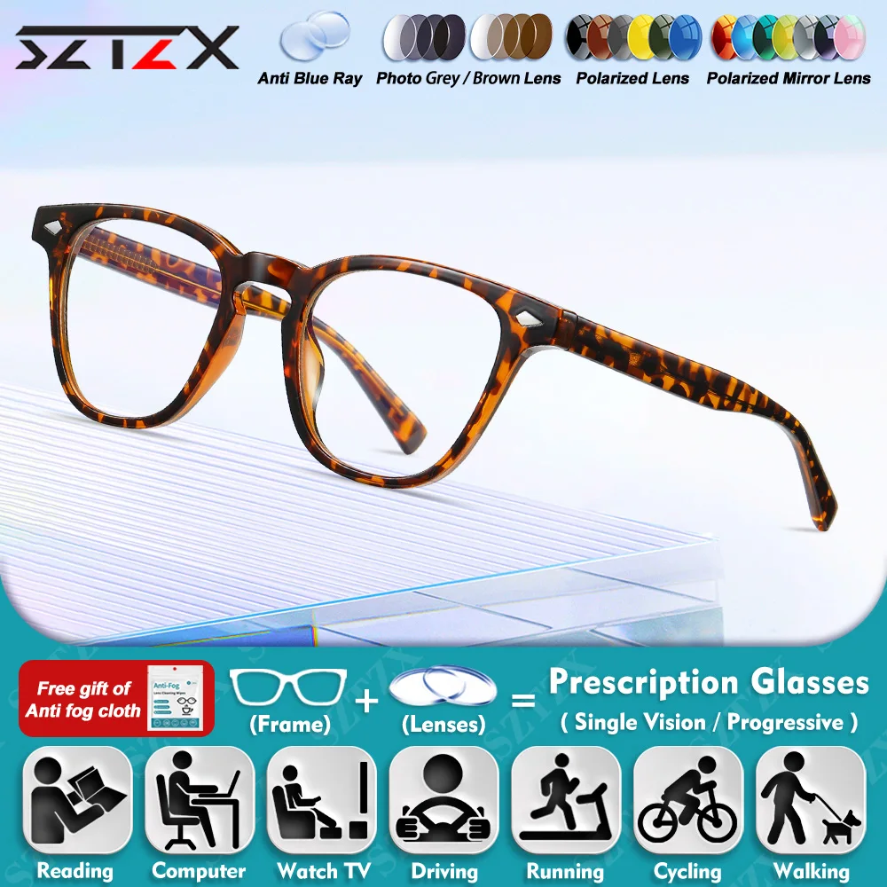 

SZTZX Classic Women Square Myopia Photochromic Glasses Anti Blue Ray Computer Progressive Optical Eyeware with Prescription Lens
