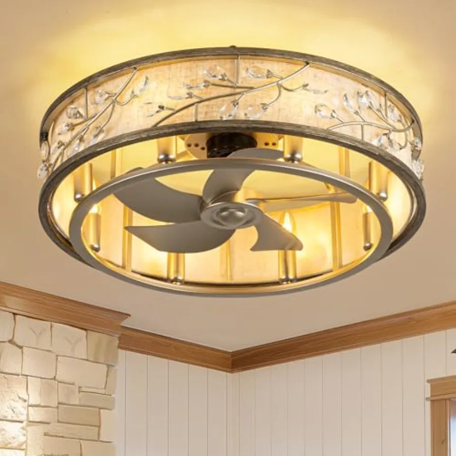 

Flush Mount Caged Ceiling Fan with Light and Remote, Crystal Low Profile Ceiling Fans with Reversible Motor, Modern Small Blade