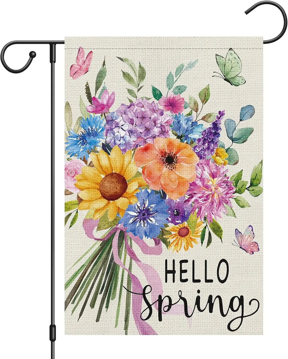 Heyfibro Hello Spring Flower Garden Flag 12x18 Double Sided Burlap, Watercolor Floral Bouquet with Butterflies Yard Banner f SSL
