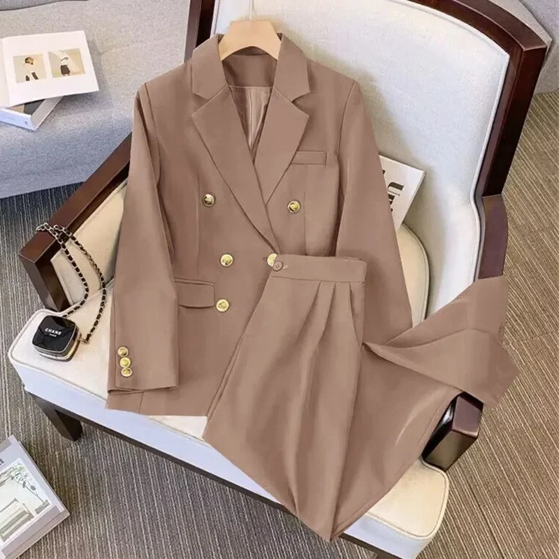

2025 Office Double Breasted Suits Sets Women Korean New Long Sleeve Blazer Jackets Conjunto Ol High Waist Straight Pants Outfit