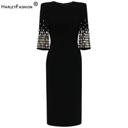 European Style Fine Workmanship Rhinestone Beading Half Sleeve O-neck Women Office Casual Wear Lady Midi Solid Dress