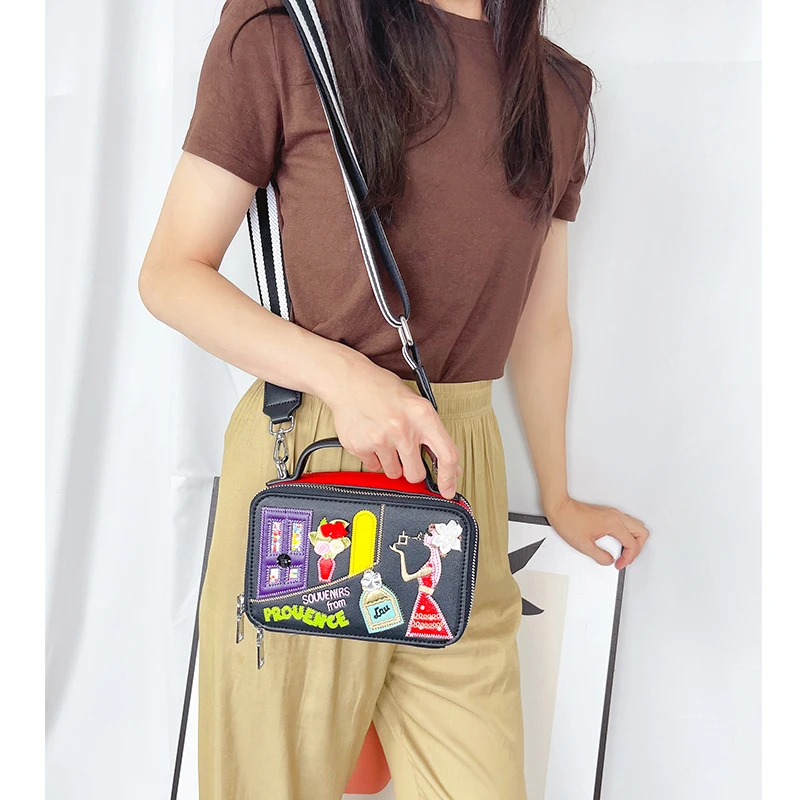 Cartoon-Muster Box Design Mode Schulter Tasche Frauen Geldbörsen und Handtaschen Designer Leder Crossbody-tasche Kawaii Messenger Tasche