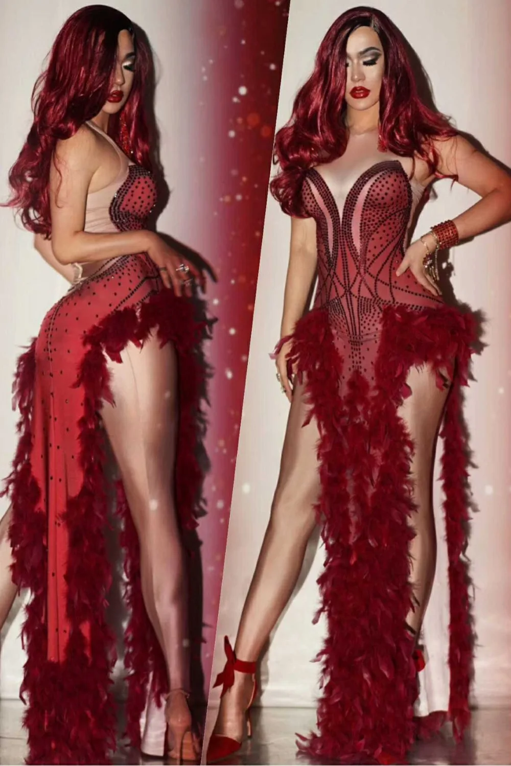 Women Prom Party Luxury Sexy Crystals Long Dress Red Feather Rhinestones Slit Dress Bar Nightclub Female Singer Stage Costume