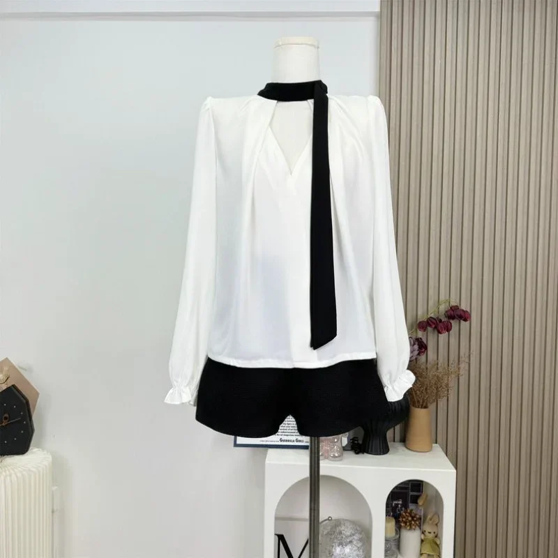 

Осенний белый нежный темпераментный топ для женщин, рубашка с длинным рукавом и бантом