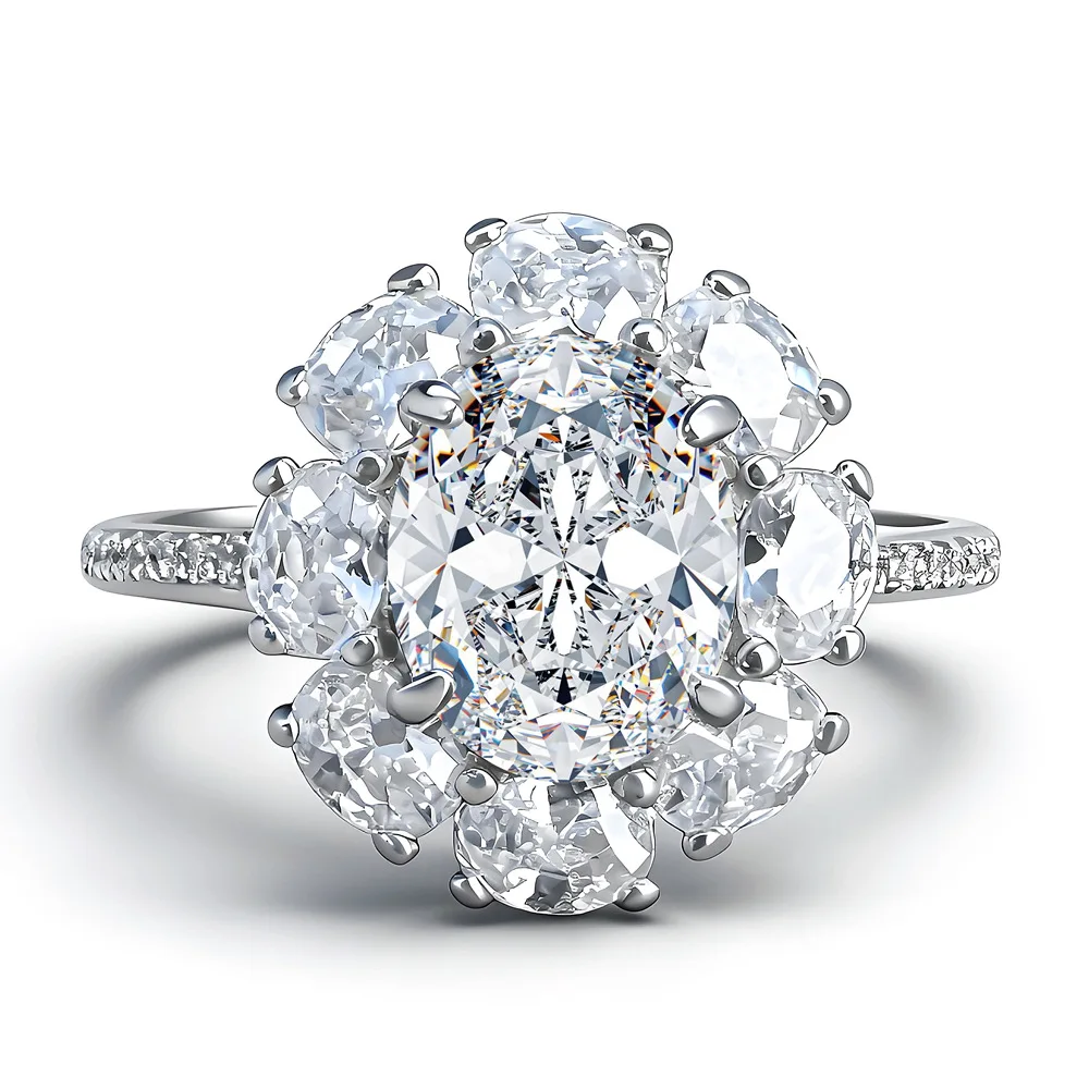 

S925 Rhodium Plated Silver 2CT D Color Solitaire Moissanite 7x9mm Full Pave Engagement Ring for Women, Exquisite Jewelry