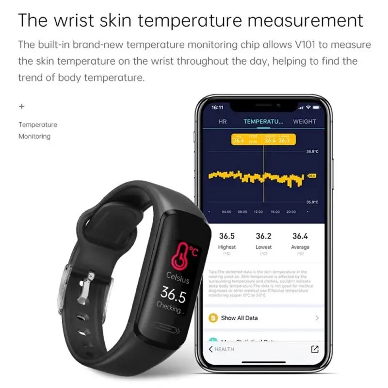 Smart Watch V101, Real Time Ambient Body Temperature Monitoring,Heart Rate And Breathing Monitoring,Supports Multiple Languages.