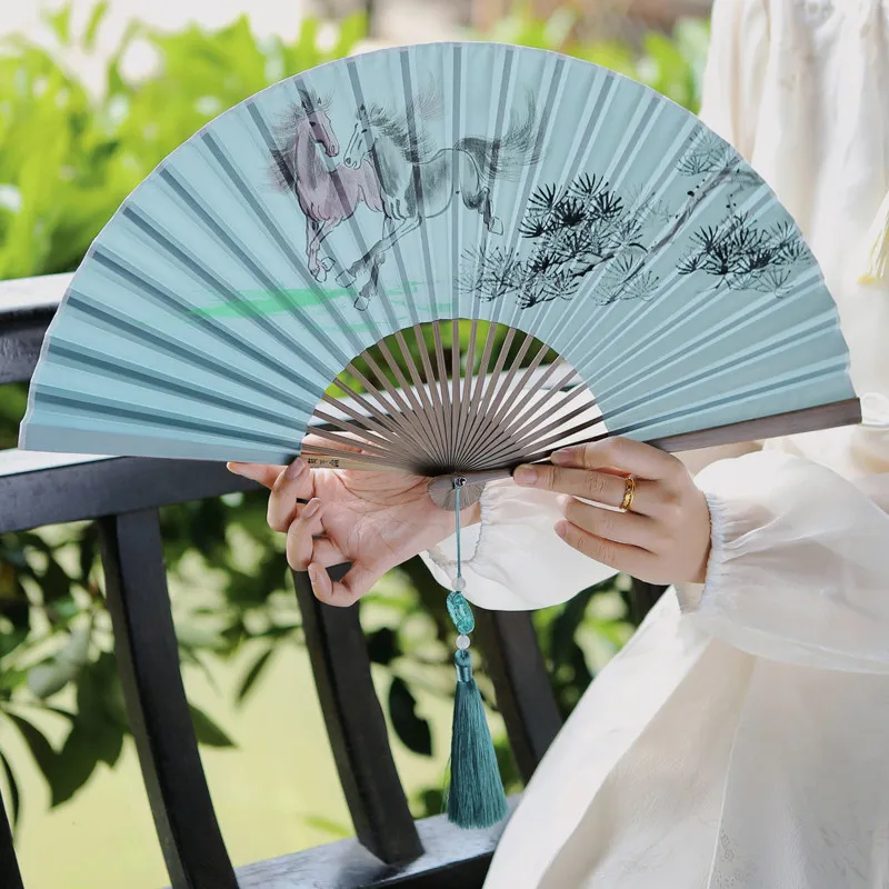 Fan folding fan Chinese style 8 inch silk hand-painted fan horse to success Chinese style merchandise souvenir