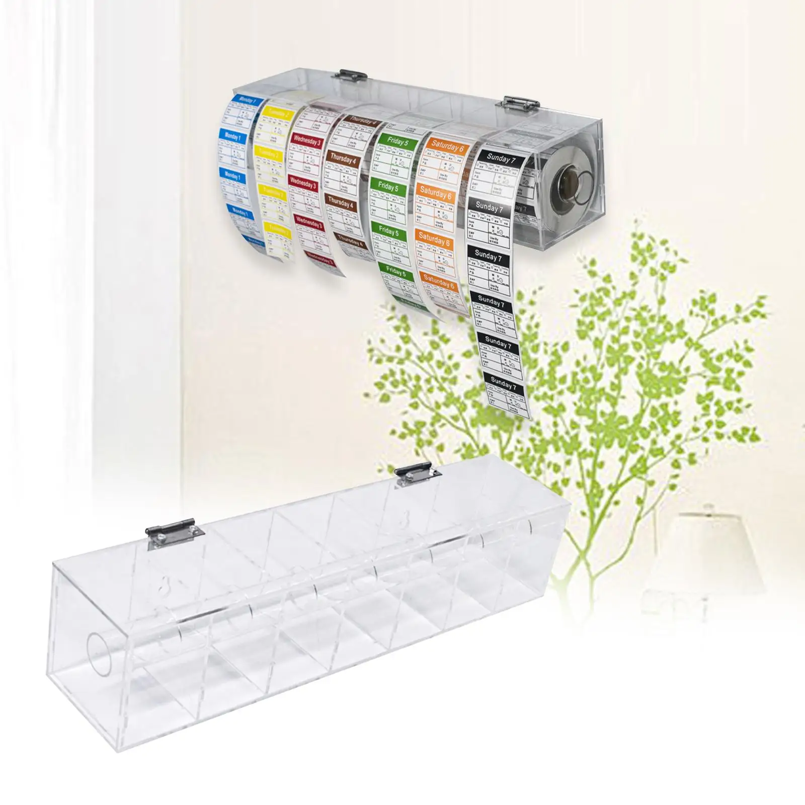 

Label Dispenser Manual Acylic Wall Mount 7 Grid Day of The Week Clear Label Roll Holder for Home Library Wall Restaurant Desktop