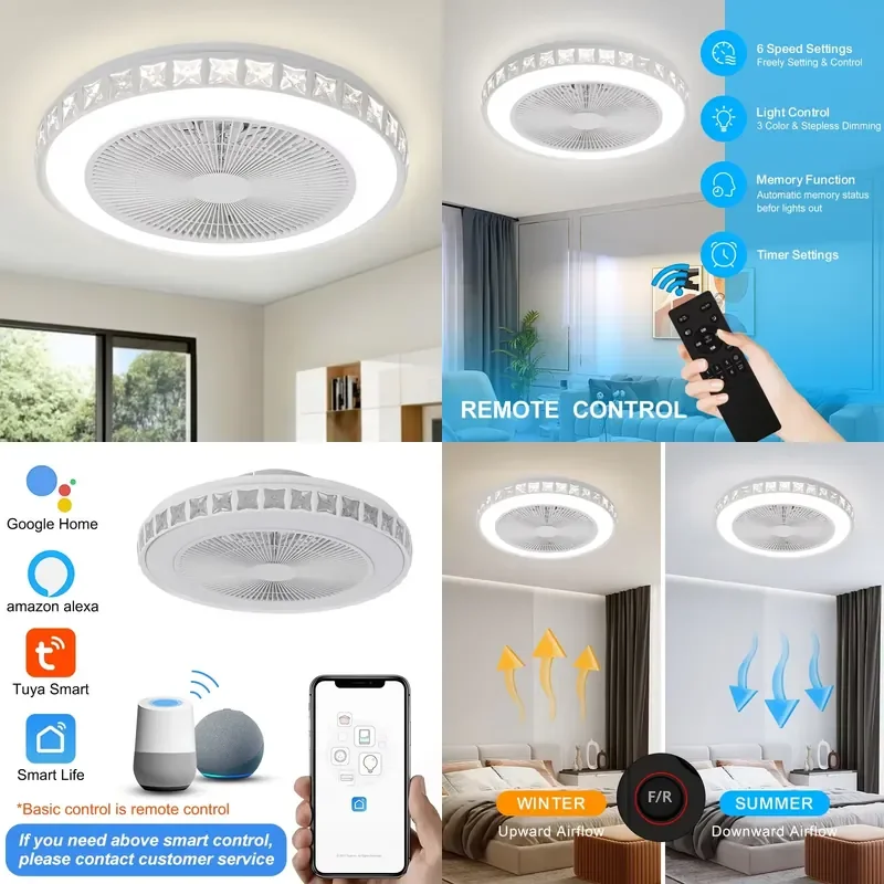 LED Ceiling Fan Light with Remote Control Three Color Temperature Adjustment ABS Metal Structure Low Noise for Bedroom