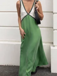 2025 Spring Summer Fashion Dresses For Women Patchwork Contrast Color Sleeveless Sexy V-neck Midi Dress Lady Elegant Casual Robe