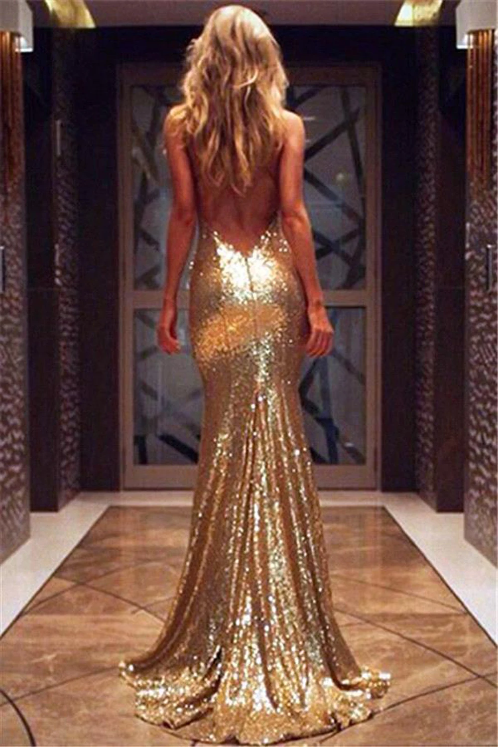 Gold Sequined Mermaid Evening Dresses 2023 V Neck Backless Imported Party Formal Prom Gowns Vestidos De Fiesta Largos De Gala