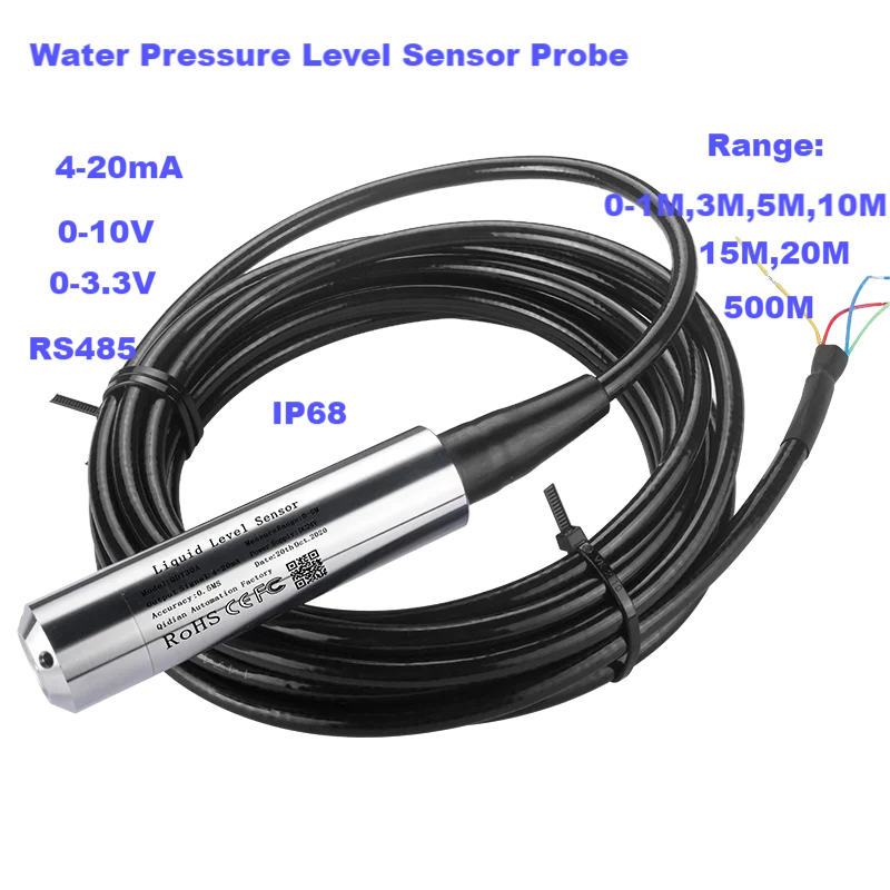 Transmisor de nivel de líquido hidrostático, Sensor de presión de agua, rango de 0-500M, 4-20Ma, 0-10V, 0-3,3 V de salida, sonda de 0-5M, 10M, 15M,