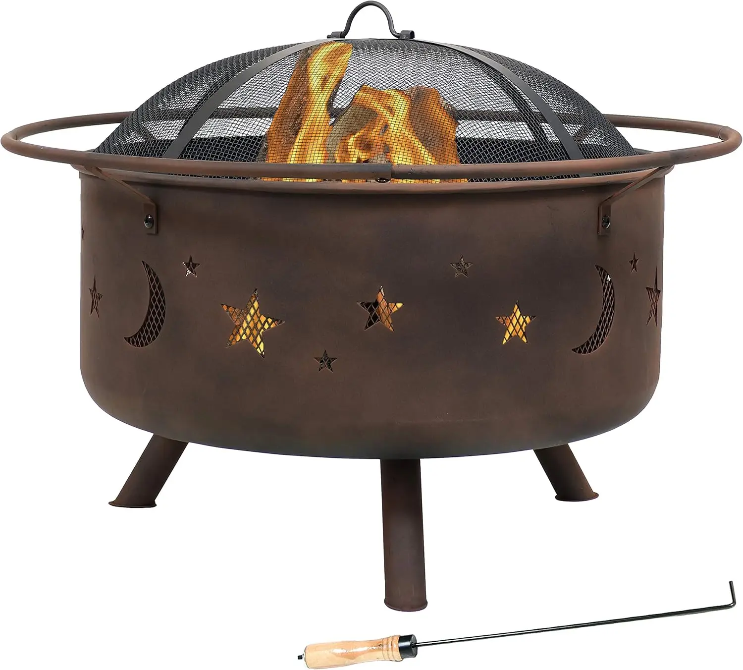 Cosmic 30-Inch Fire Pit with Cooking BBQ Grill Grate, Spark Screen, and Fireplace Poker - Celestial Design