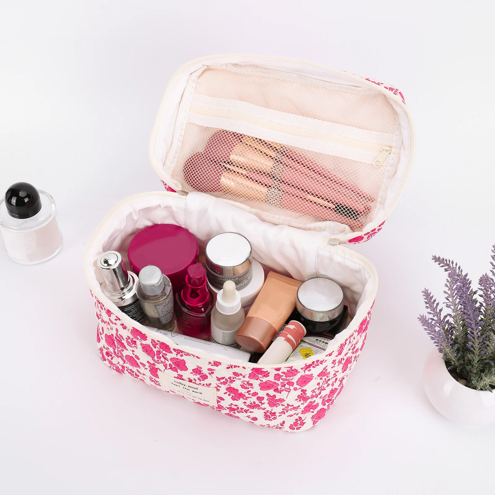 3 قطعة حقيبة تخزين اللحف مع علبة القلم رائعتين الحشو العناية بالبشرة الحقيبة الأزهار المطبوعة الجمالية أدوات الزينة محفظة السيدات رحلة حقيبة