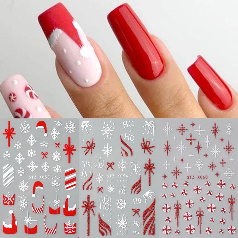 

3pc 3D Festive Christmas Nail Art Stickers Red Xmas Hats Bowknot Candy Snowflake French Manicure New Year Adhesive Sliders Decor