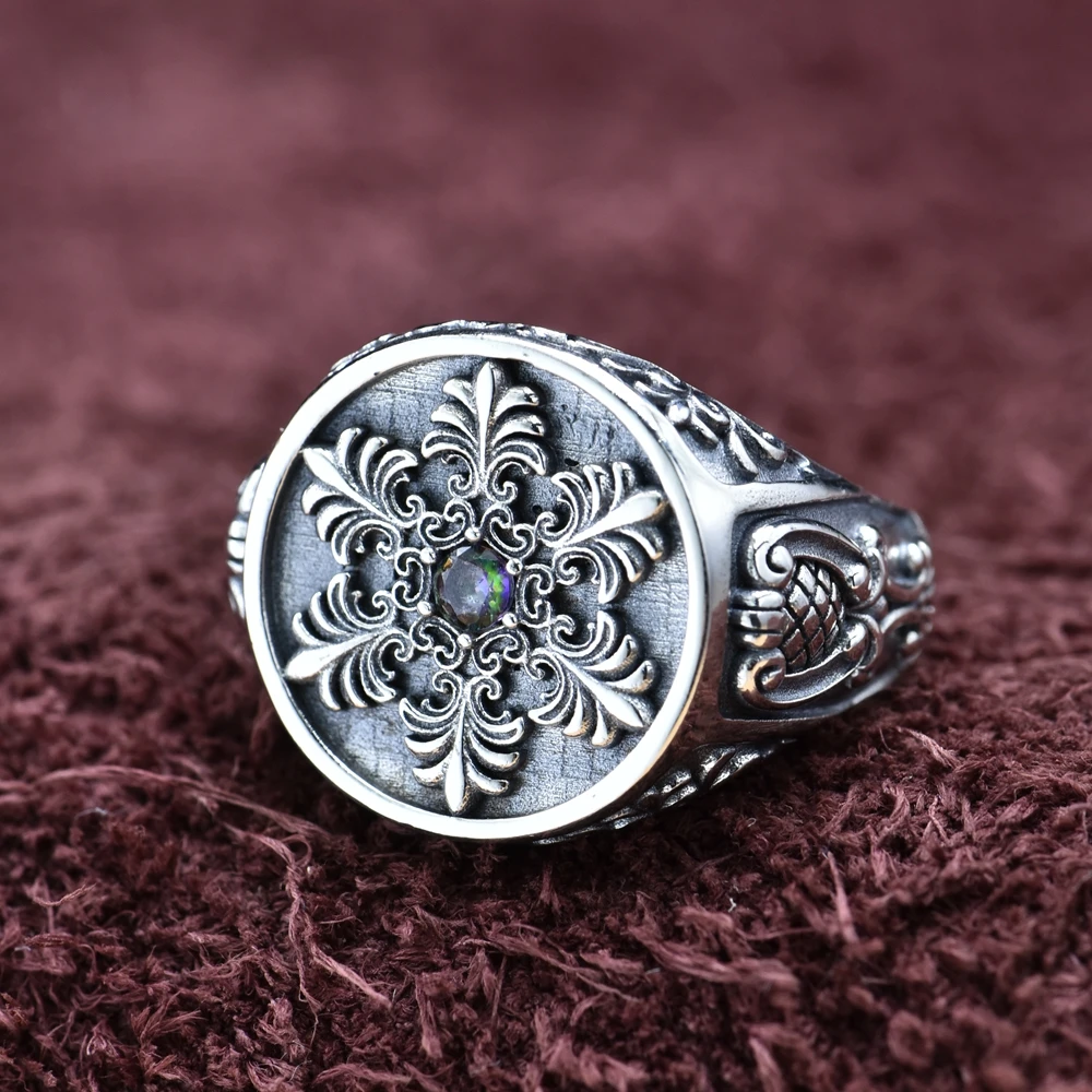 

Fashion punk style sterling silver ring snowflake seiko niche style original design retro distressed style grids men's ring