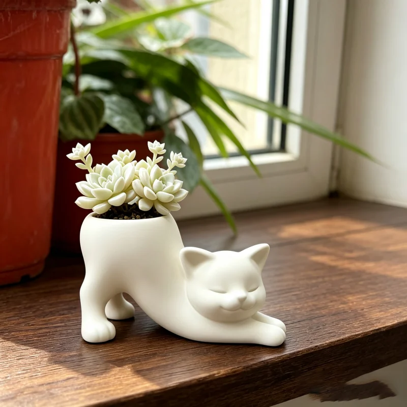 Snoozing Cat Shaped Small Plant Pot,Black White Mini Planter,3D Printed For Office Bookshelf Nightstand Table Decor Ornament