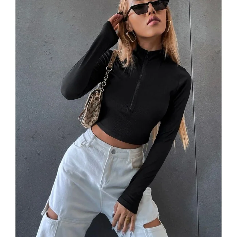 Women Fashion Fashion Cropped Long Sleeve Carpet Zipper Neck Blouse