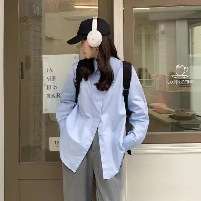 

Женские повседневные блузки в корейском стиле, свободные рубашки с длинным рукавом на пуговицах, офисные топы, базовые белые, синие, розовые блузы с отложным воротником