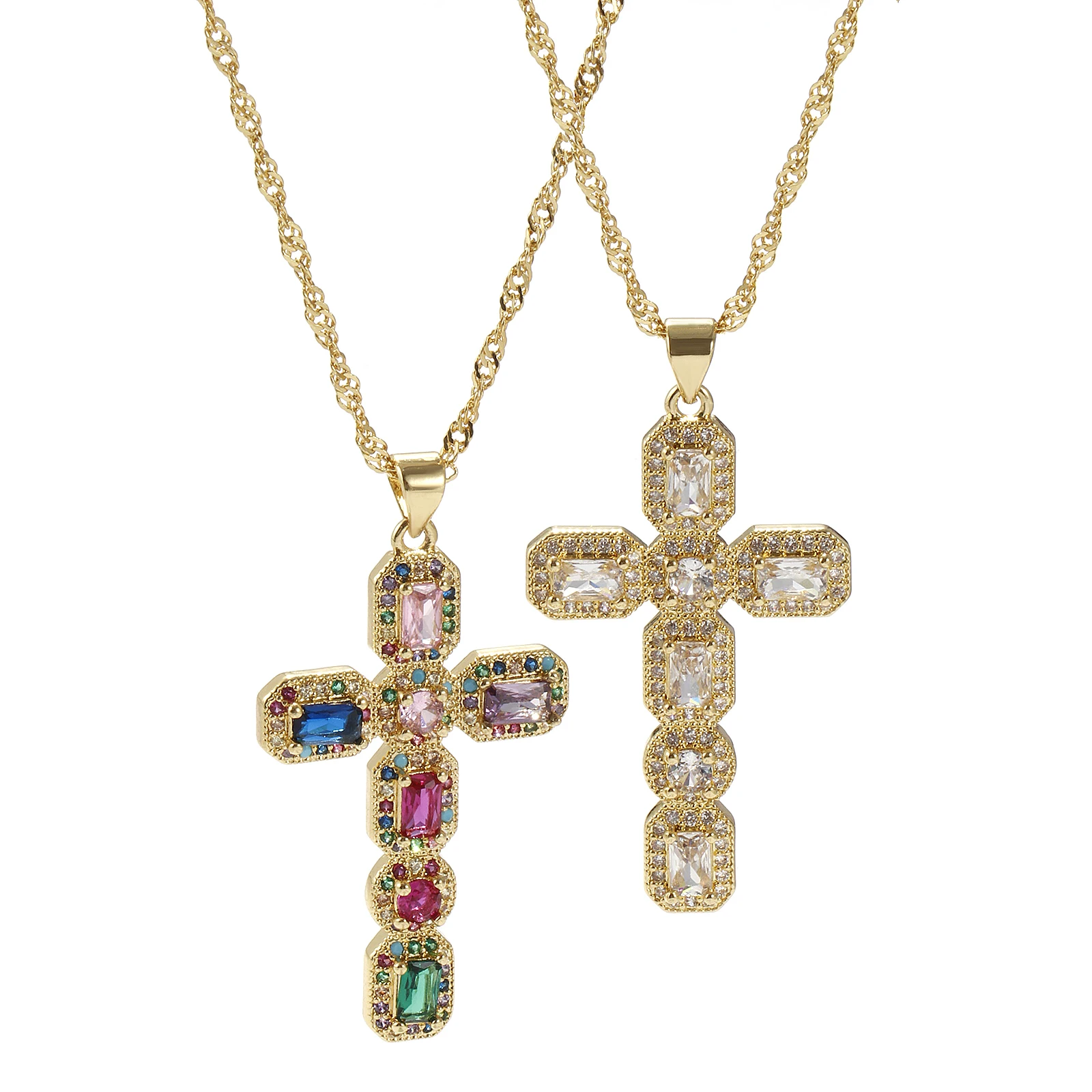 1 pieza de collar de cruz religiosa Retro, cadena trenzada de onda de latón chapada en oro de 18 quilates, colgante Micro pavé, collar con dije de 45cm + 5cm de largo