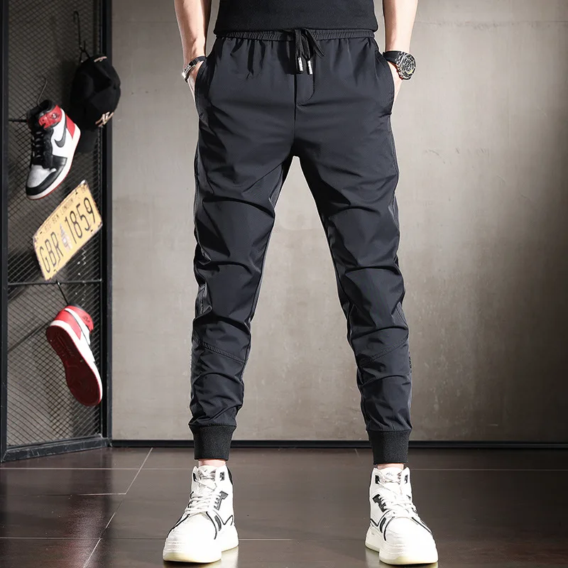 남성용 여름 아이스 실크 캐주얼 바지, 슬림핏, 신축성, 통기성, 발목 묶음, 스트리트 속건 스포츠 바지