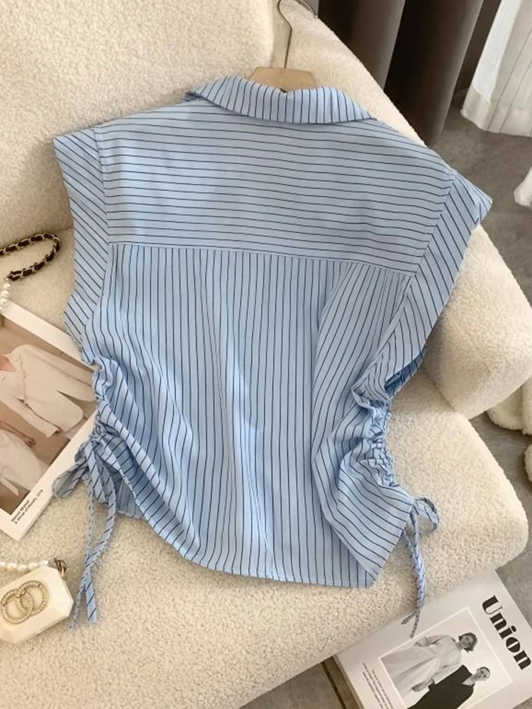 Jmprs ลายเสื้อผู้หญิง Vintage Preppy สไตล์น่ารักบินแขนเสื้อฤดูร้อนสบายๆหลวมเกาหลี Shirring หญิงเสื้อ