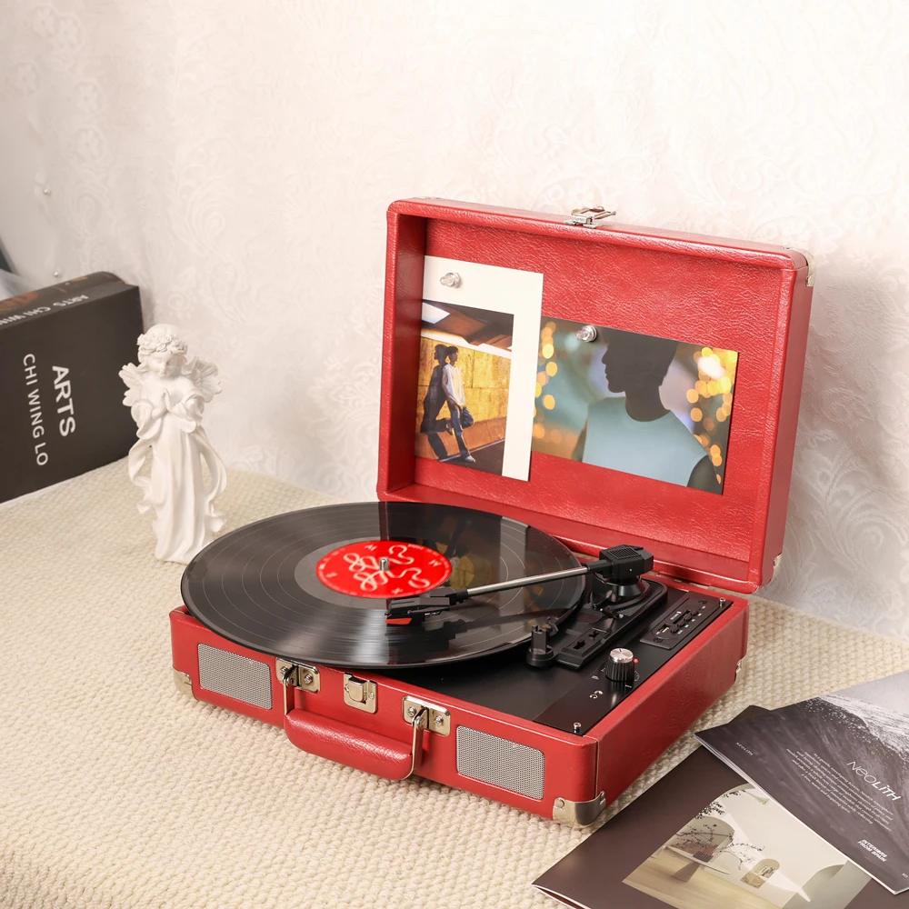 

Red Vinyl Record Player with Magnetic Attraction Cover Ideal Gift Item Vintage Turntable for Music Lovers