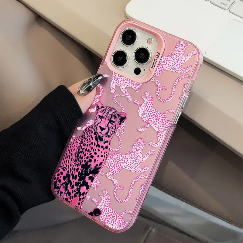 

Fashion Pink Leopard Laser Phone Case For iPhone 17 Pro Max 16 15 14 Pro Max Plus 13 12 11 Mini Pro Max Shockproof Back Covers