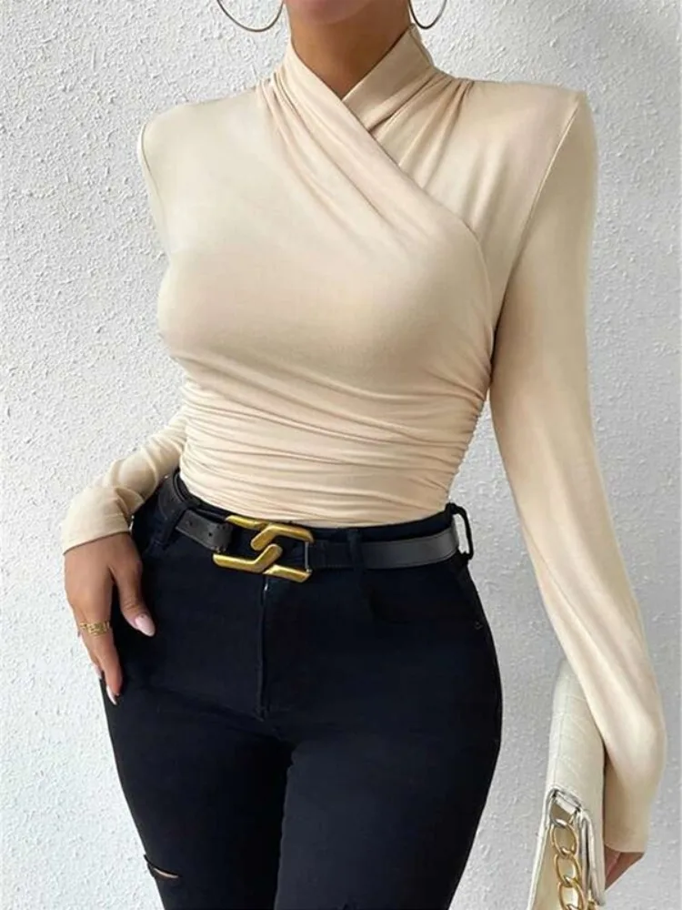 Bonboho Women's Solid Color Thin T-shirt V-neck Long Sleeves Skinny Pleated Shirt Top 2025 Spring Summer New Pullovers Blouse