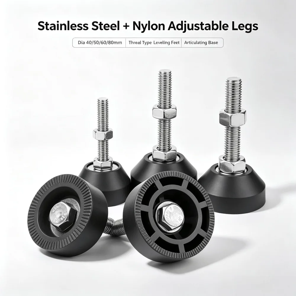 Stainless Steel Nylon Adjustable Lathe Leg, Dia 40/50/60/80mm Swivel Base Levelling Feet, Thread Type Articulating Support Legs