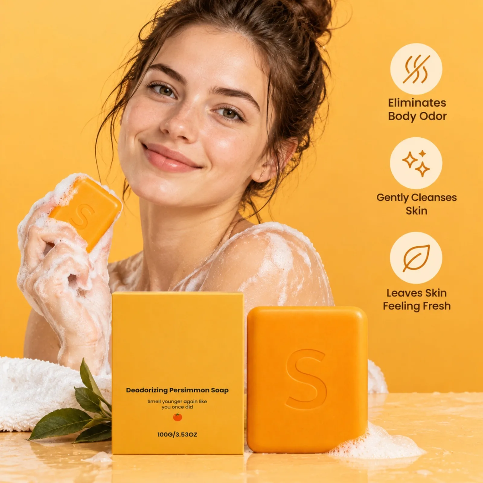Deodorizing Persimmon Soap Body Odor Removing Persimmon Lemon Extract Rich Foam Gentle Clean Moisturizing Non Drying Soap Bar